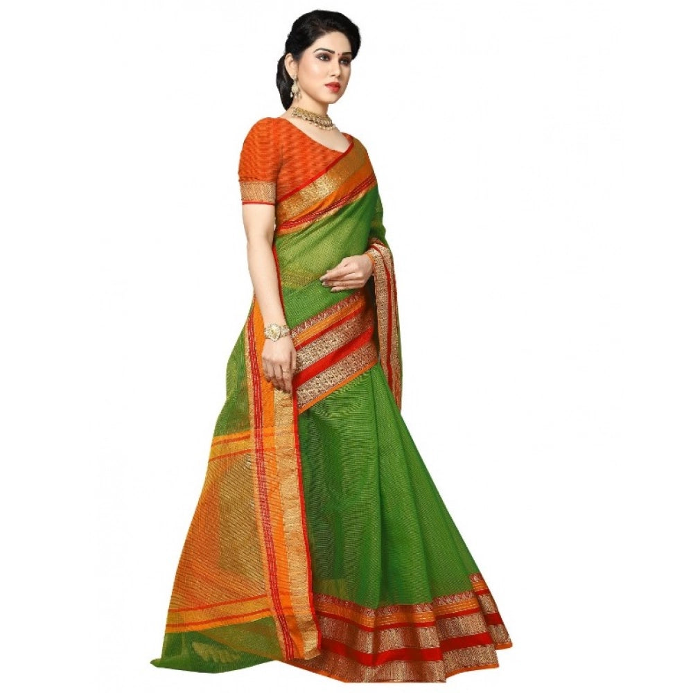 Women's Kota Doria Cotton Border Saree — Green