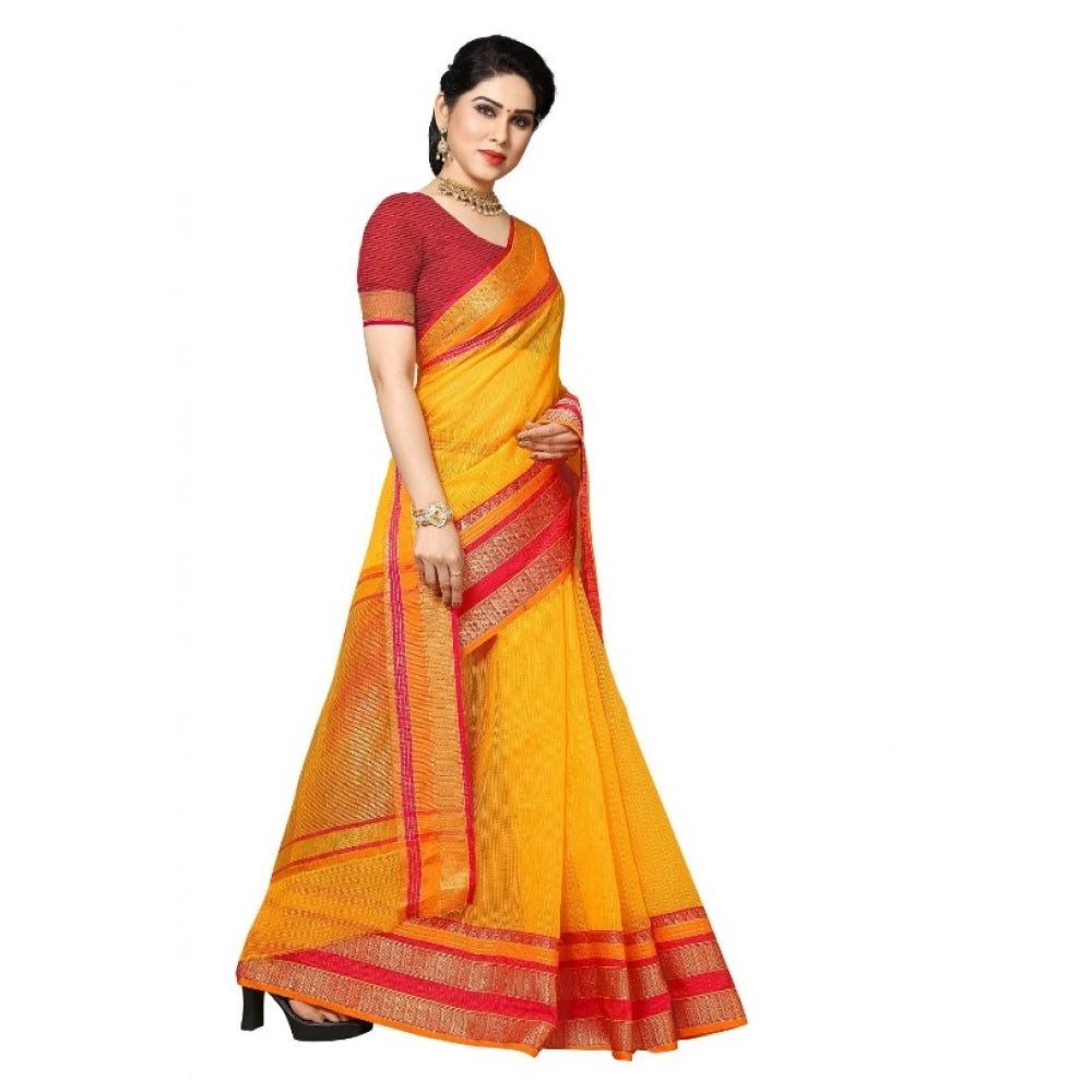 Women's Kota Doria Cotton Border Saree — Gold