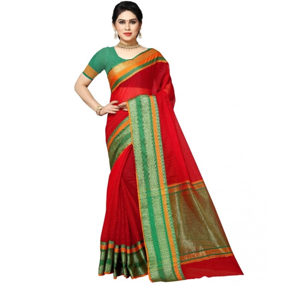 Women's Kota Doria Cotton Border Saree — Red