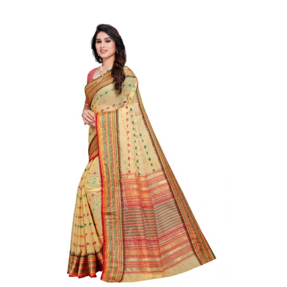 Women's Kota Doria Cotton Woven Butta Saree — Beige