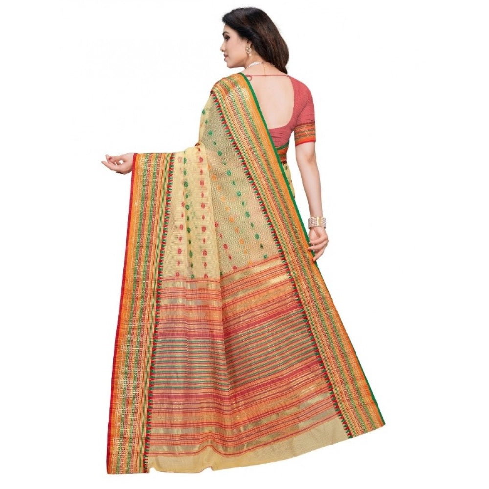 Women's Kota Doria Cotton Woven Butta Saree — Beige