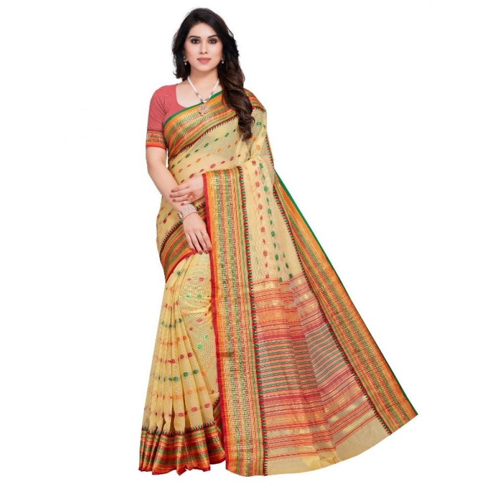 Women's Kota Doria Cotton Woven Butta Saree — Beige