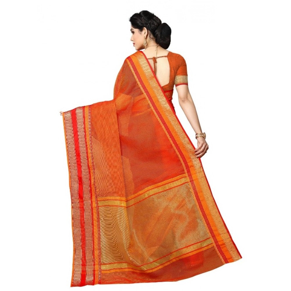 Women's Kota Doria Cotton Border Saree — Orange