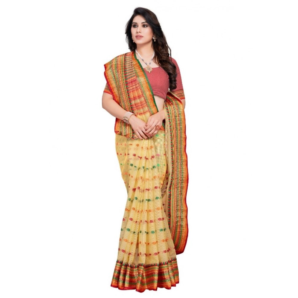 Women's Kota Doria Cotton Woven Butta Saree — Beige