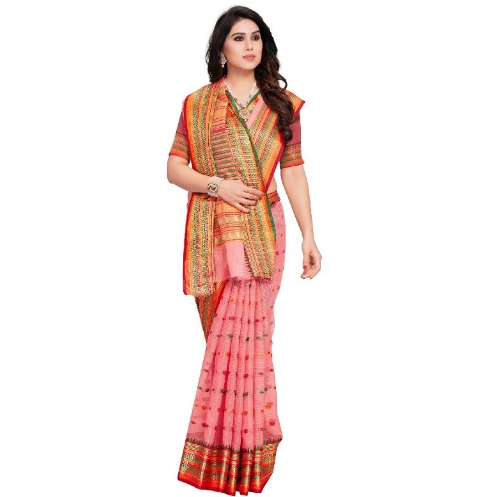 Women's Kota Doria Cotton Woven Butta Saree — Pink