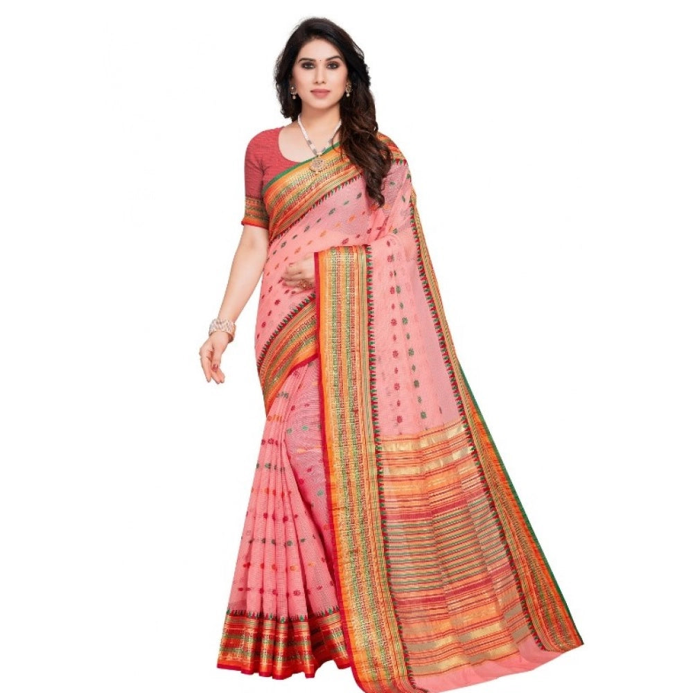 Women's Kota Doria Cotton Woven Butta Saree — Pink