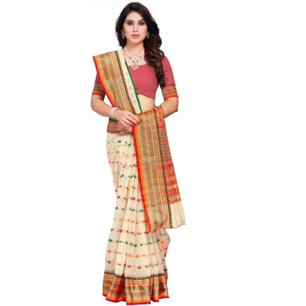 Women's Kota Doria Cotton Woven Butta Saree — Cream