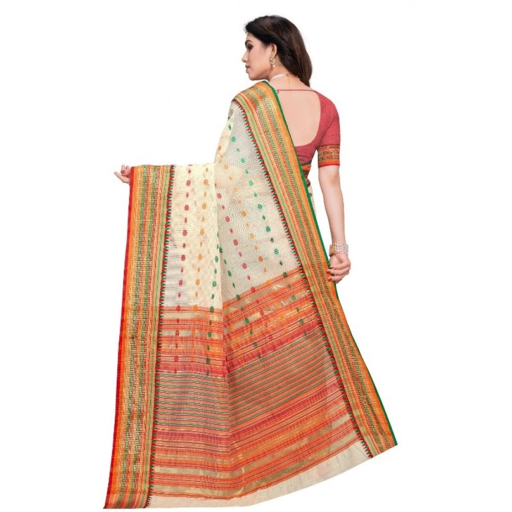 Women's Kota Doria Cotton Woven Butta Saree — Cream
