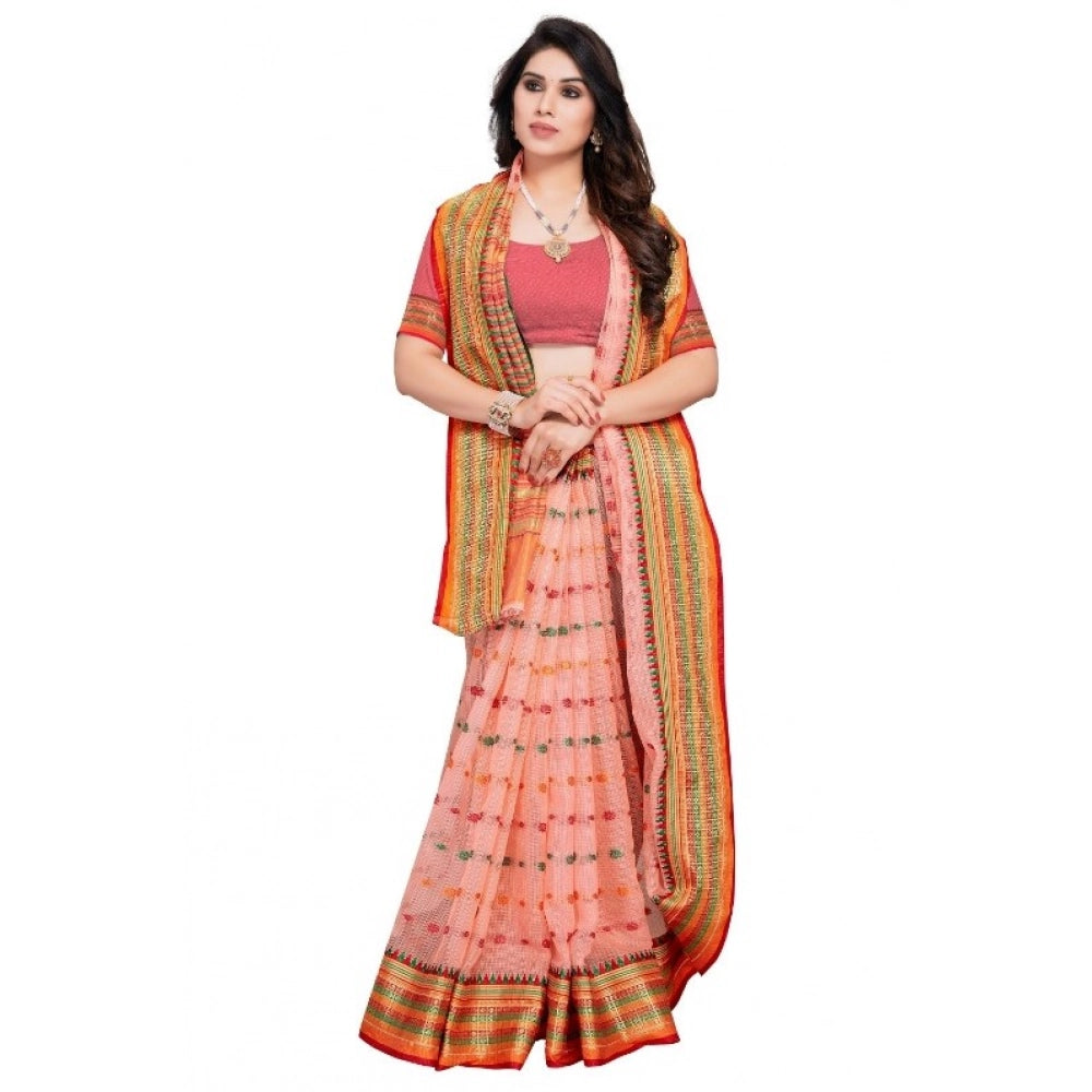 Women's Kota Doria Cotton Woven Butta Saree — Peach
