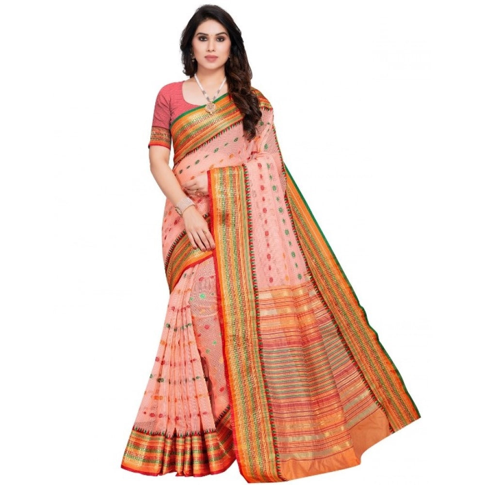 Women's Kota Doria Cotton Woven Butta Saree — Peach