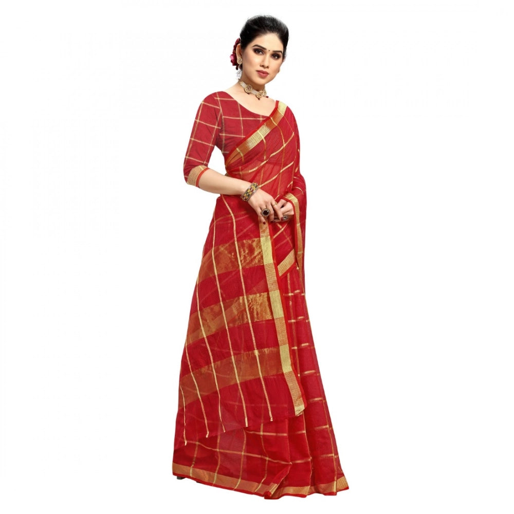 Women's Kota Doria Cotton Checked Saree — Red