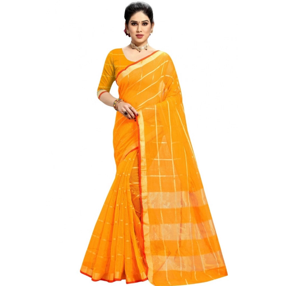 Women's Kota Doria Cotton Checked Saree — Yellow