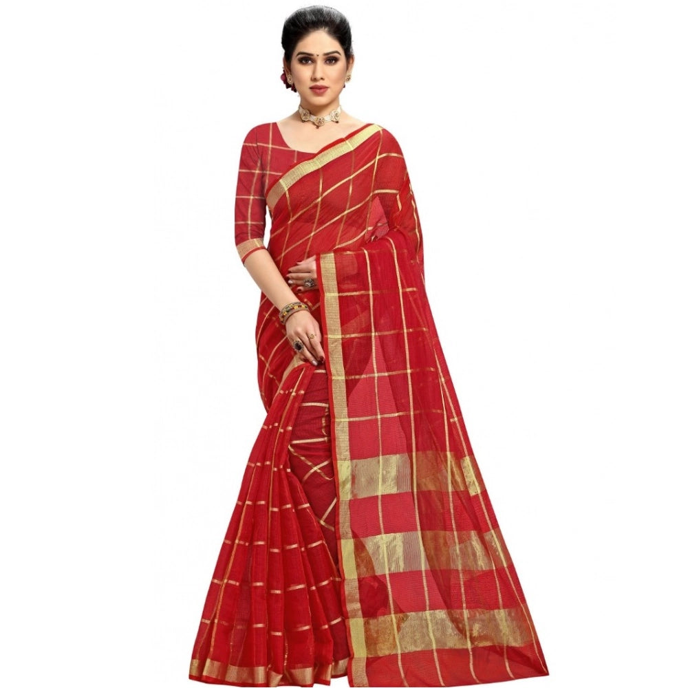 Women's Kota Doria Cotton Checked Saree — Red