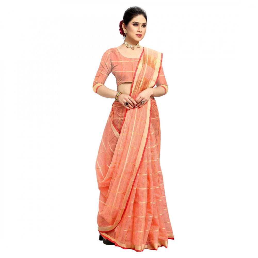 Women's Kota Doria Cotton Checked Saree — Peach
