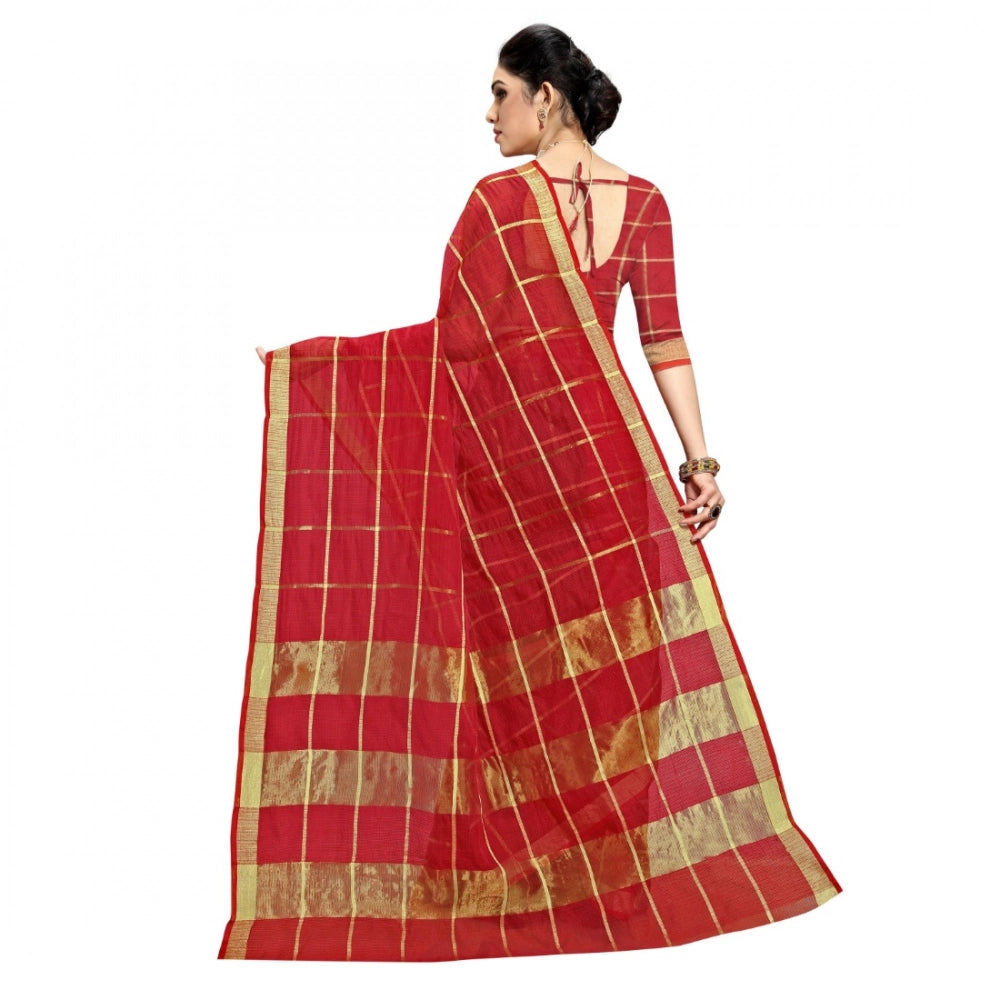 Women's Kota Doria Cotton Checked Saree — Red