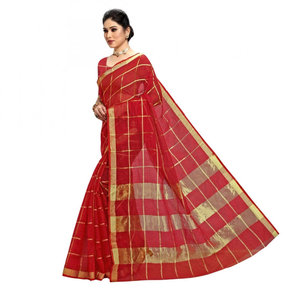 Women's Kota Doria Cotton Checked Saree — Red