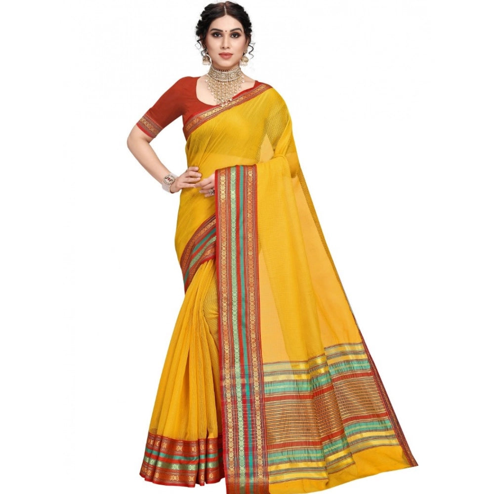 Women's Kota Doria Cotton Bordered Saree — Yellow