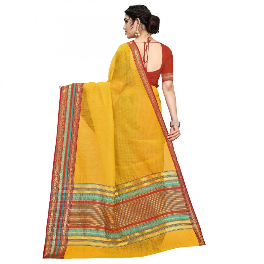 Women's Kota Doria Cotton Bordered Saree — Yellow