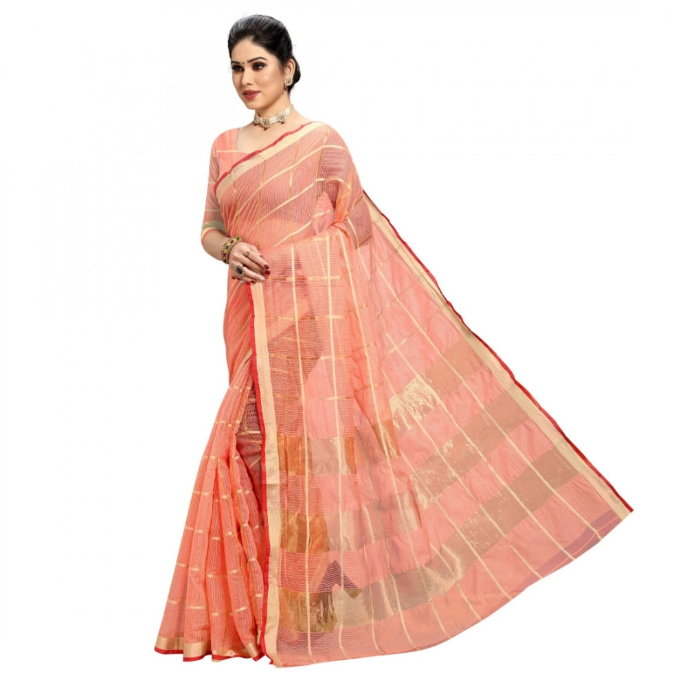 Women's Kota Doria Cotton Checked Saree — Peach