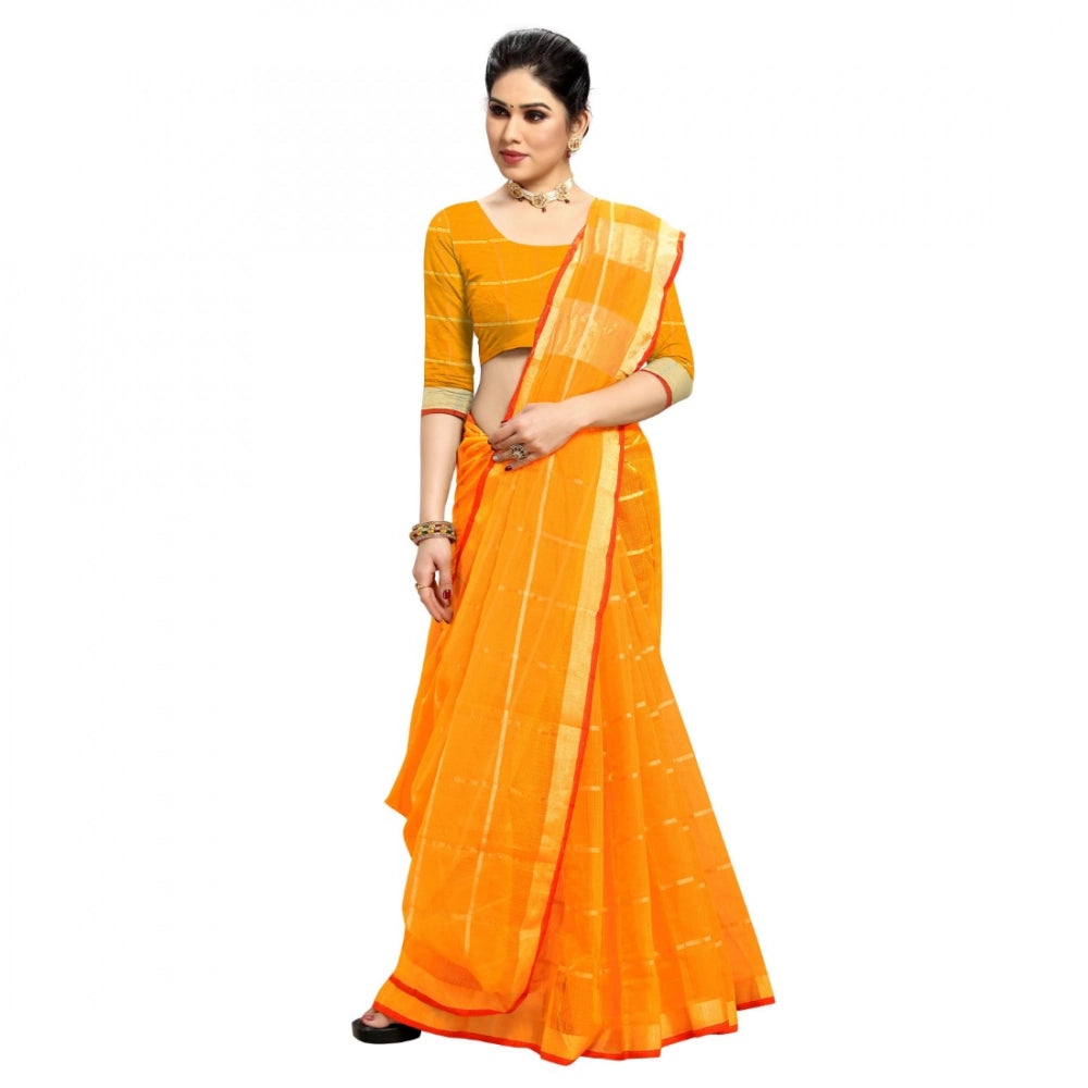 Women's Kota Doria Cotton Checked Saree — Yellow