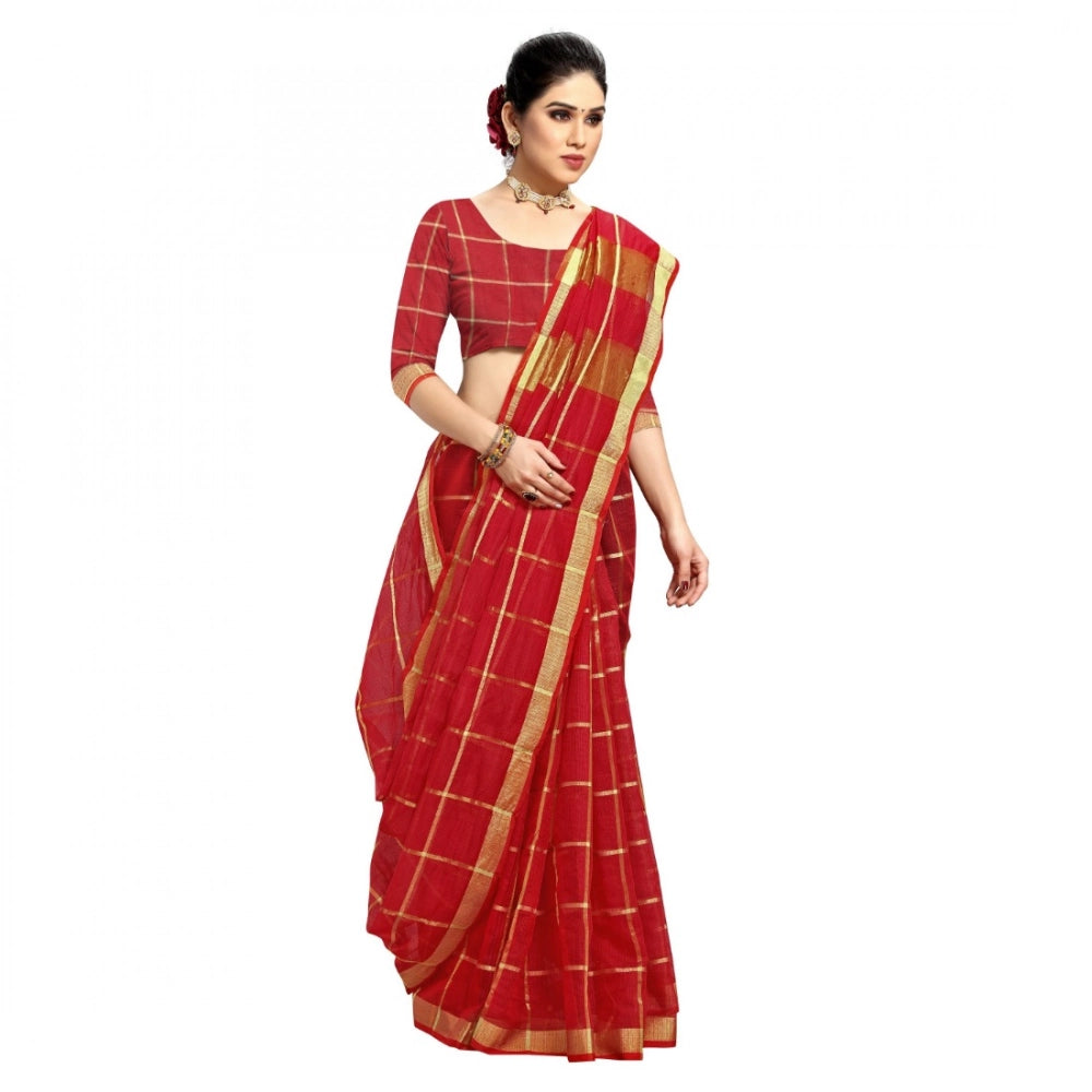 Women's Kota Doria Cotton Checked Saree — Red