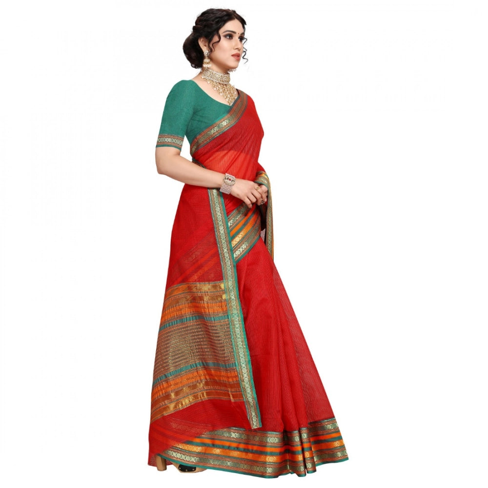 Women's Kota Doria Cotton Bordered Saree — Red