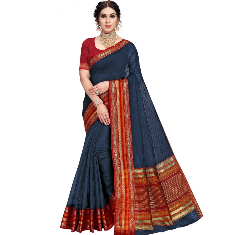 Women's Kota Doria Cotton Bordered Saree · Blue