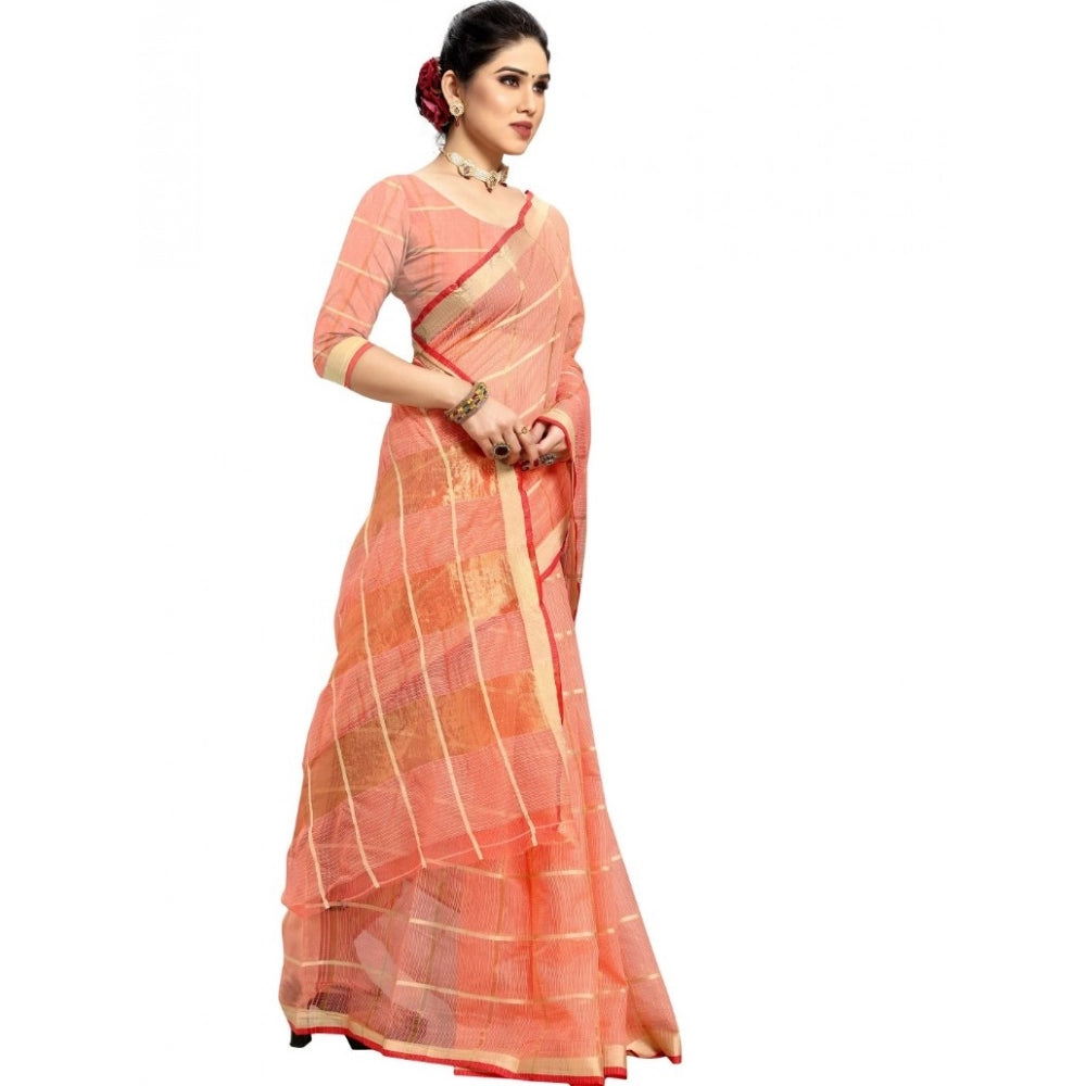 Women's Kota Doria Cotton Checked Saree — Peach