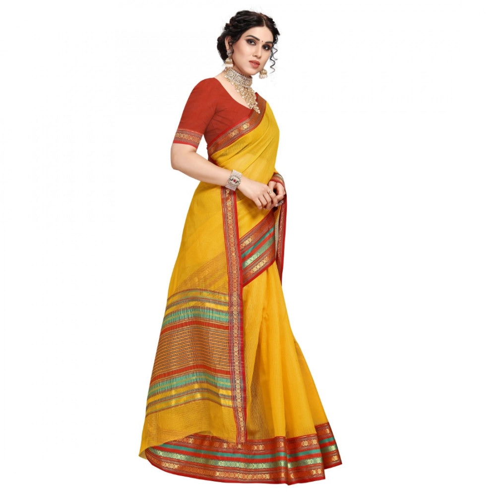 Women's Kota Doria Cotton Bordered Saree — Yellow