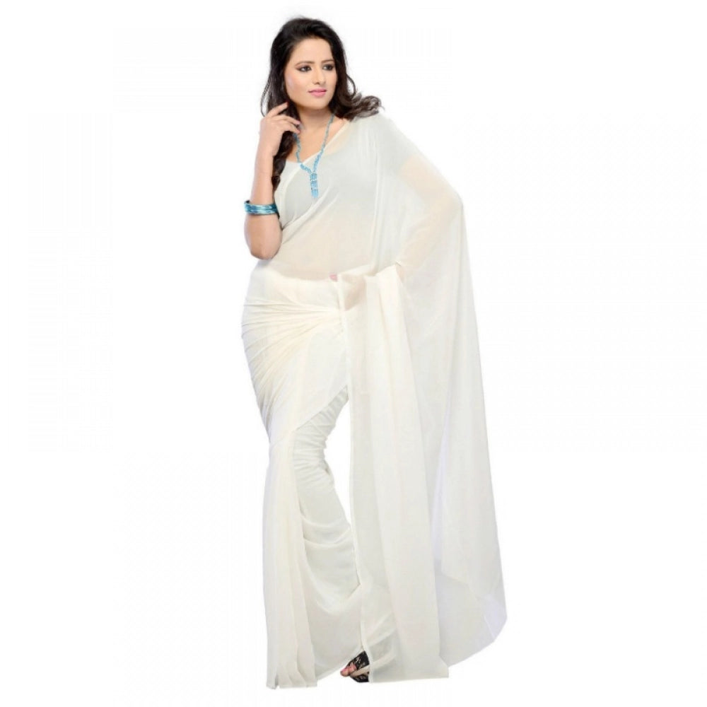 Women's Georgette Plain Saree — White