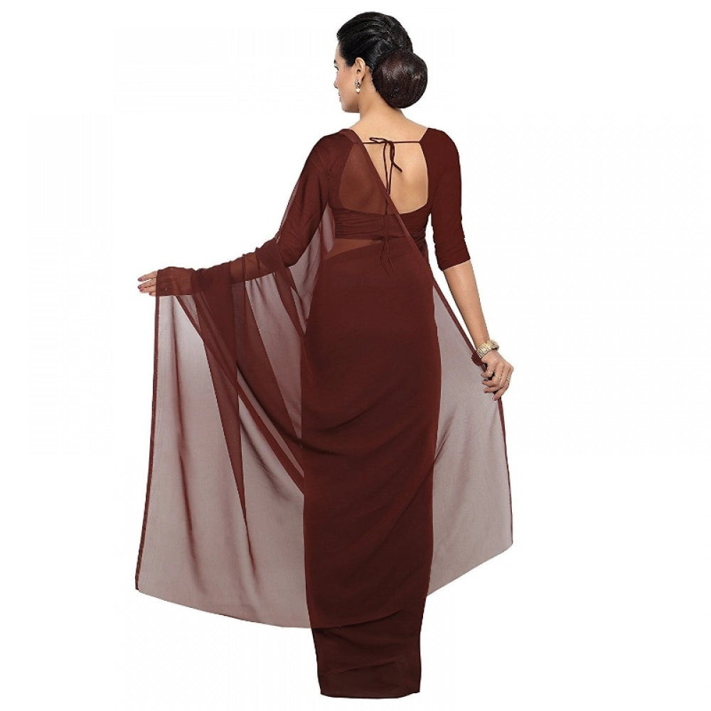 Women's Georgette Plain Saree — Coffee