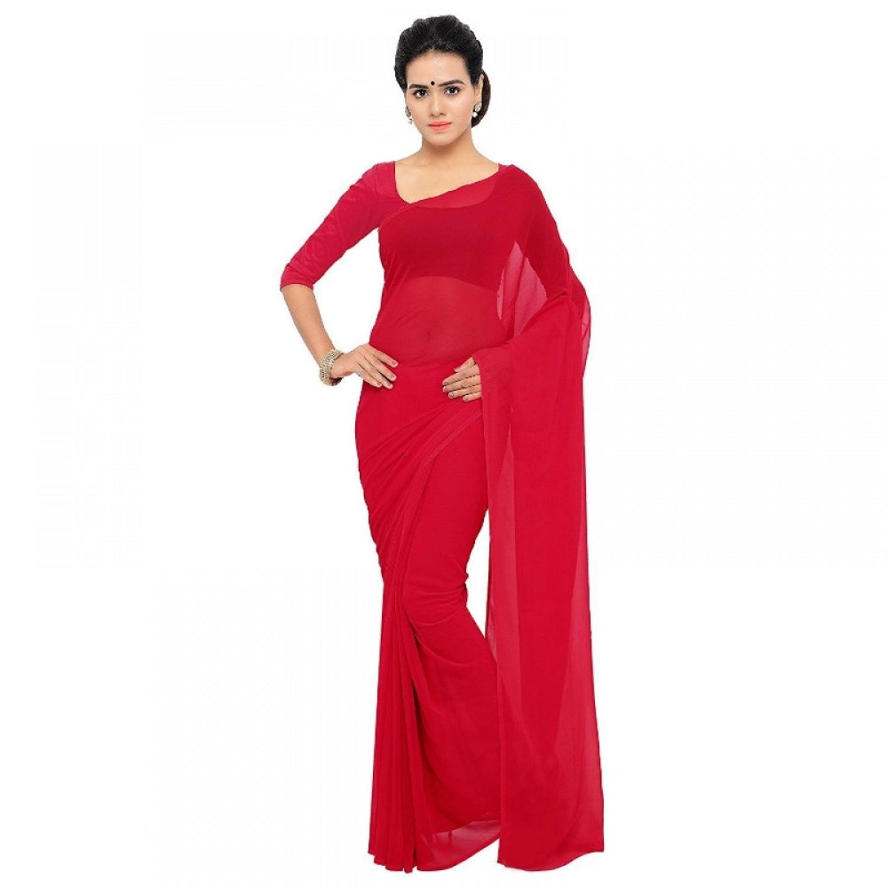 Women's Georgette Plain Saree — Red