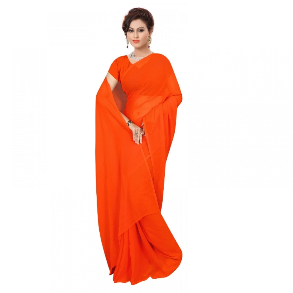 Women's Georgette Plain Saree — Orange