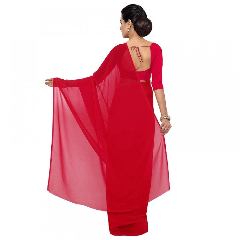 Women's Georgette Plain Saree — Red
