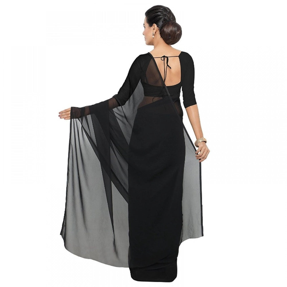 Women's Georgette Plain Saree — Black