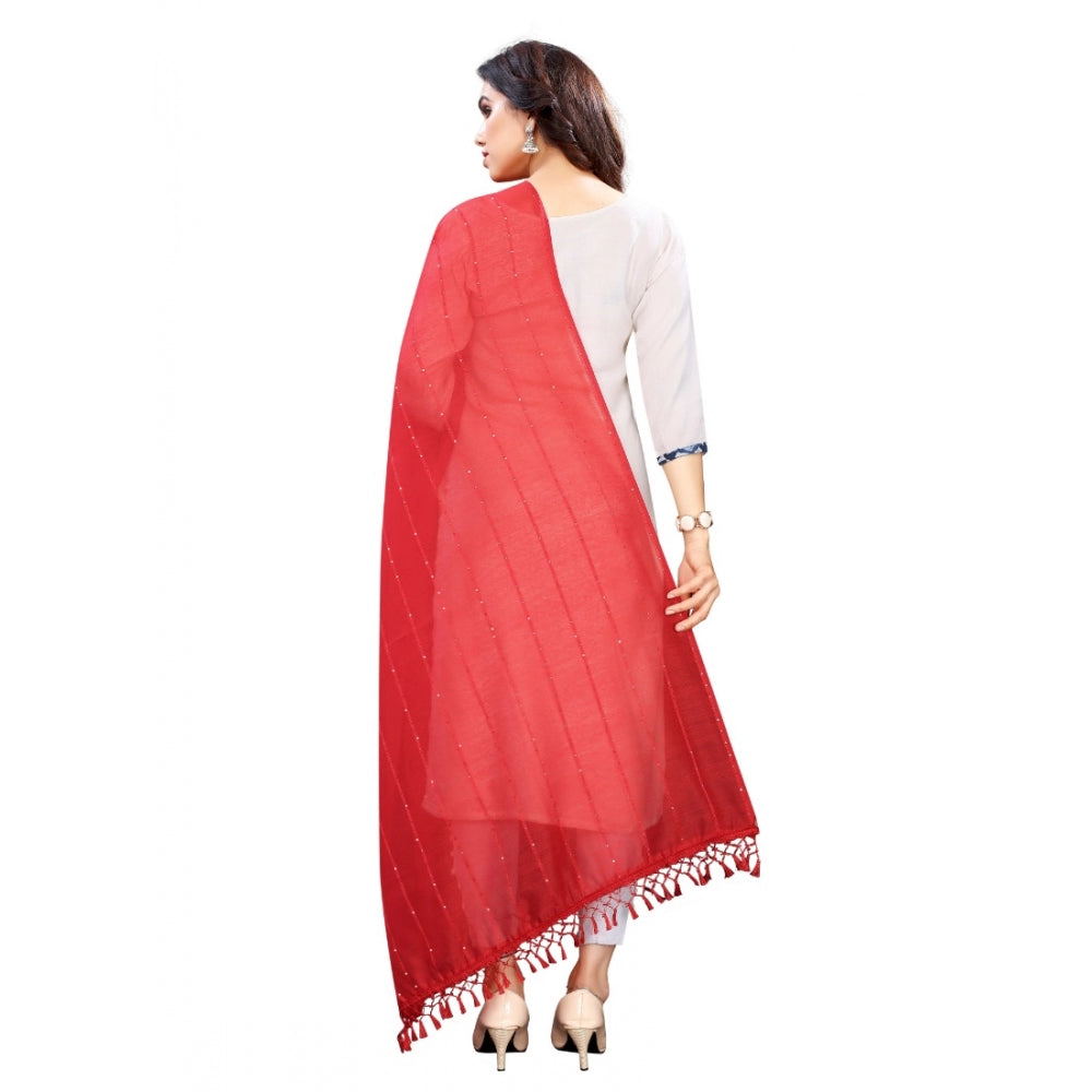 Women's Cotton Silk Strips Printed Dupatta — Red