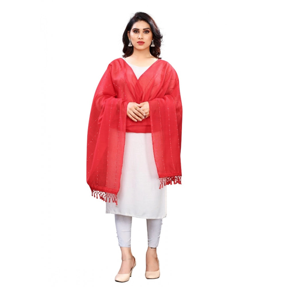 Women's Cotton Silk Strips Printed Dupatta — Red