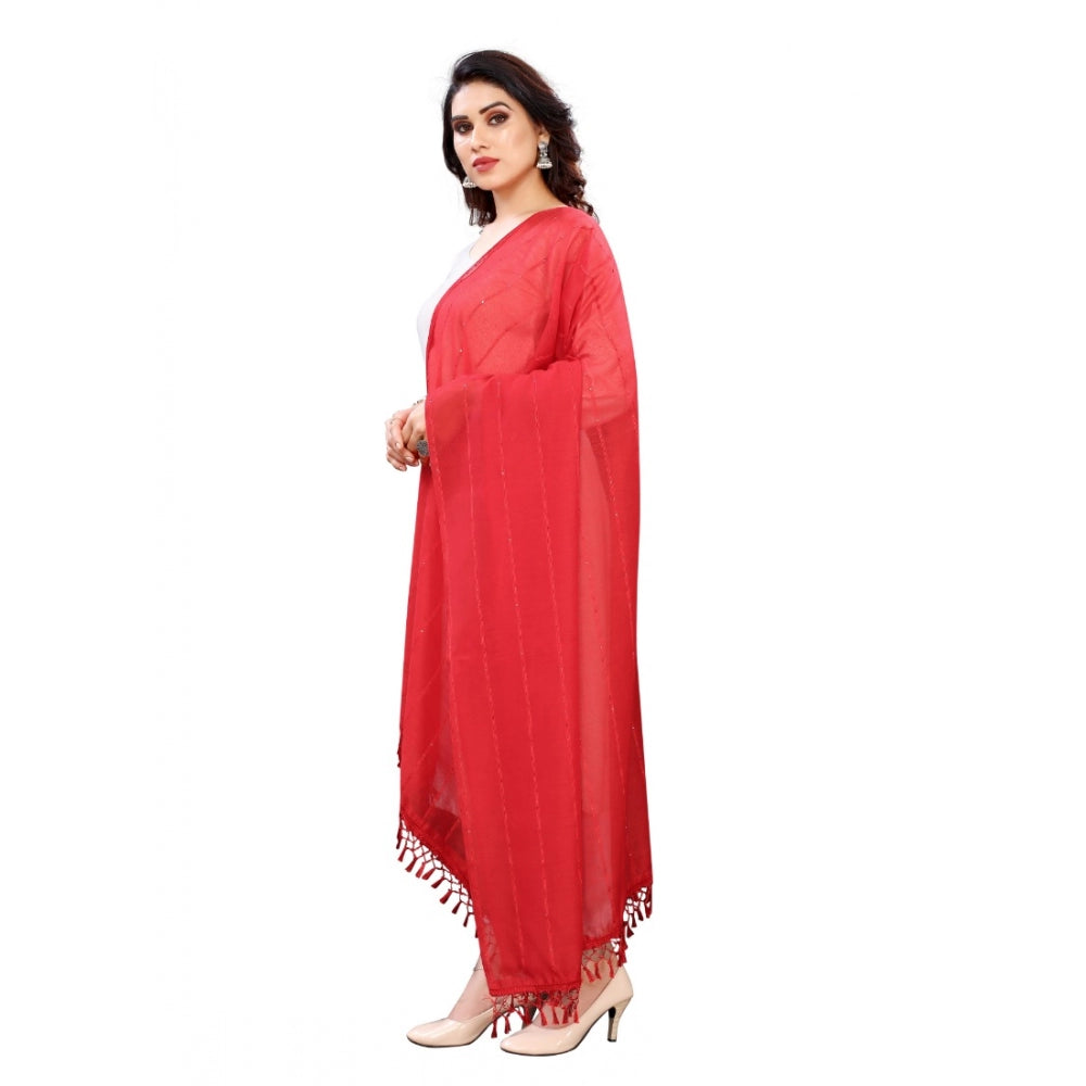 Women's Cotton Silk Strips Printed Dupatta — Red