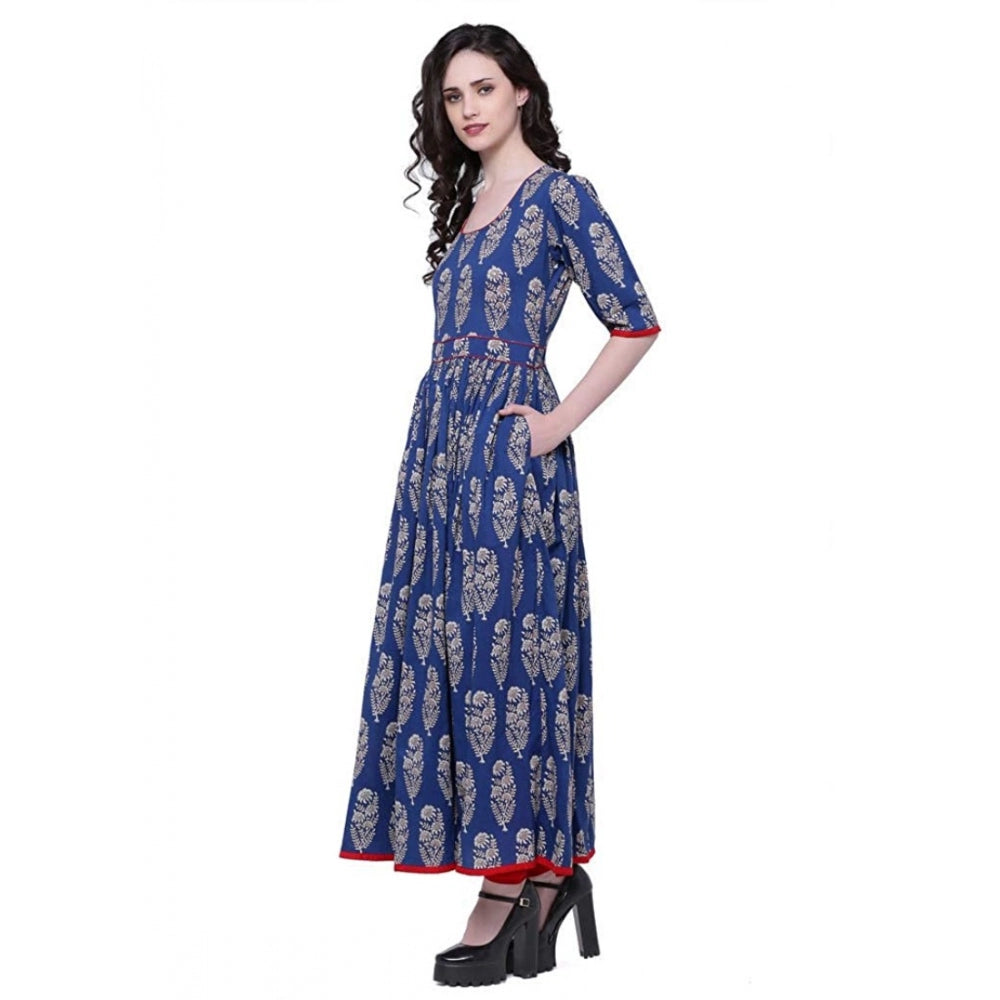 Women's Cotton Printed Anarkali Kurti — Blue