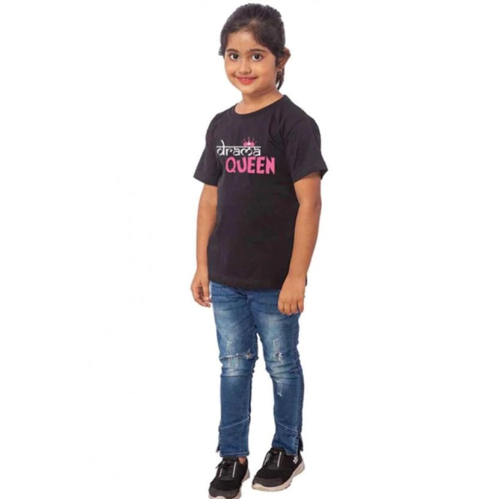 Girls Cotton Drama Queen Half Sleeve Tshirt — Black