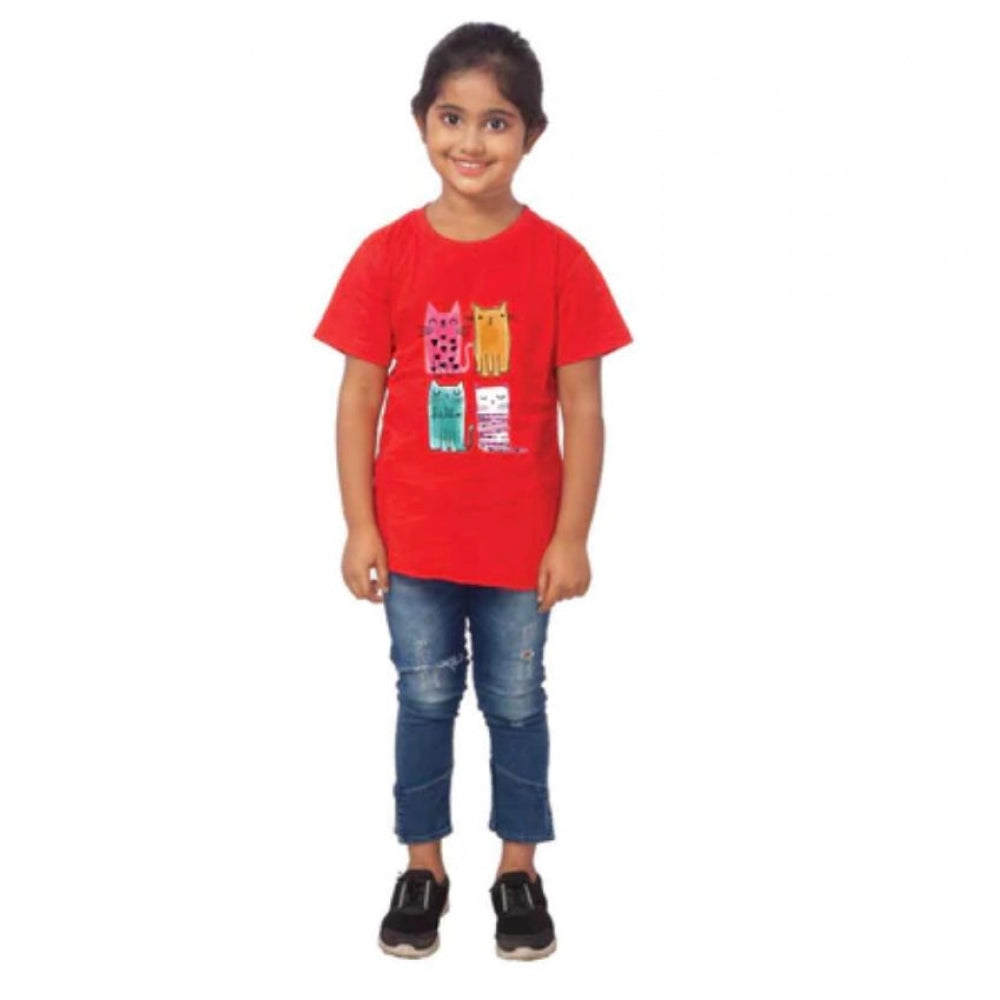 Girls Cotton Cat Half Sleeve Tshirt — Red