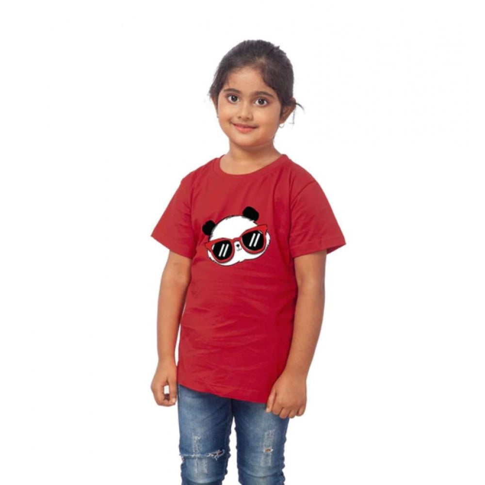 Girls Cotton Panda Glass Half Sleeve Tshirt — Maroon
