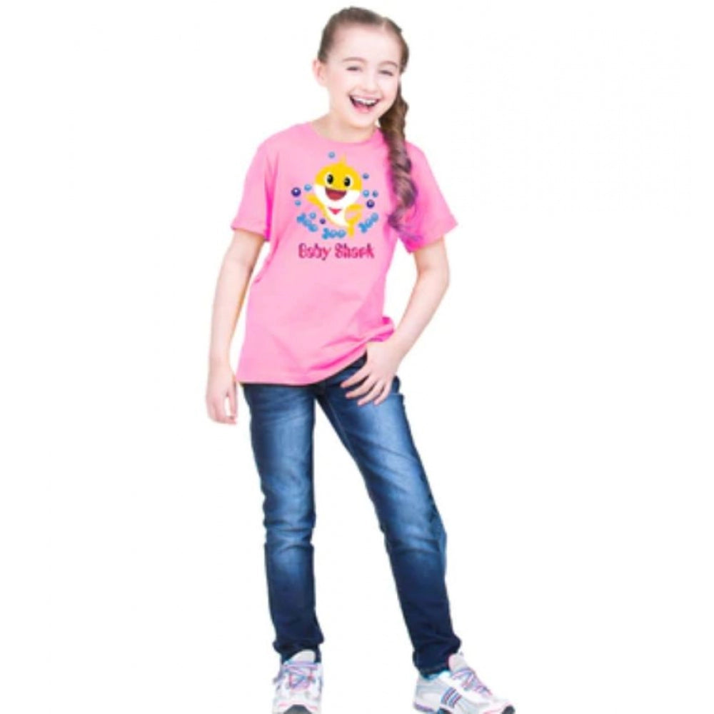 Girls Cotton Baby Shark Half Sleeve Tshirt — Pink