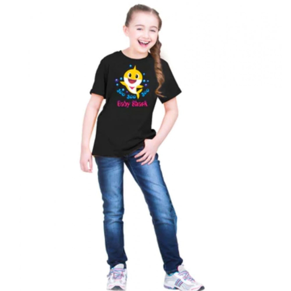 Girls Cotton Baby Shark Half Sleeve Tshirt — Black