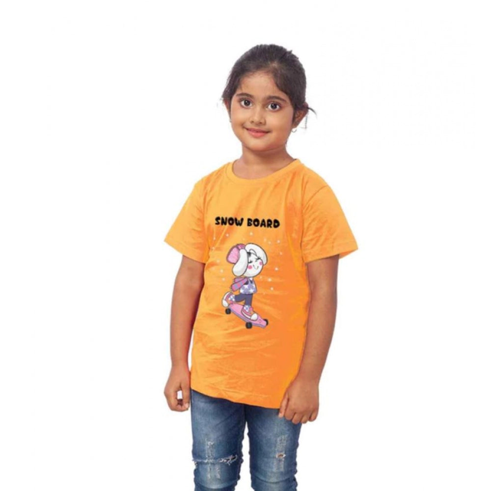 Girls Cotton Snow Board Half Sleeve Tshirt — Mustard
