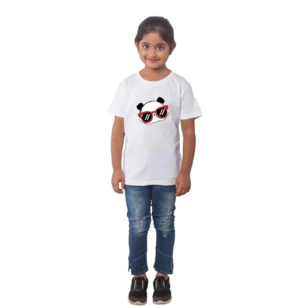 Girls Cotton Panda Glass Half Sleeve Tshirt — White