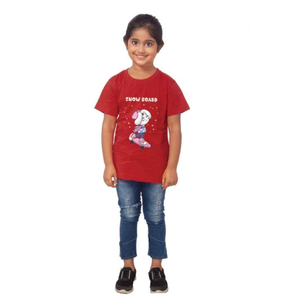 Girls Cotton Snow Board Half Sleeve Tshirt — Maroon