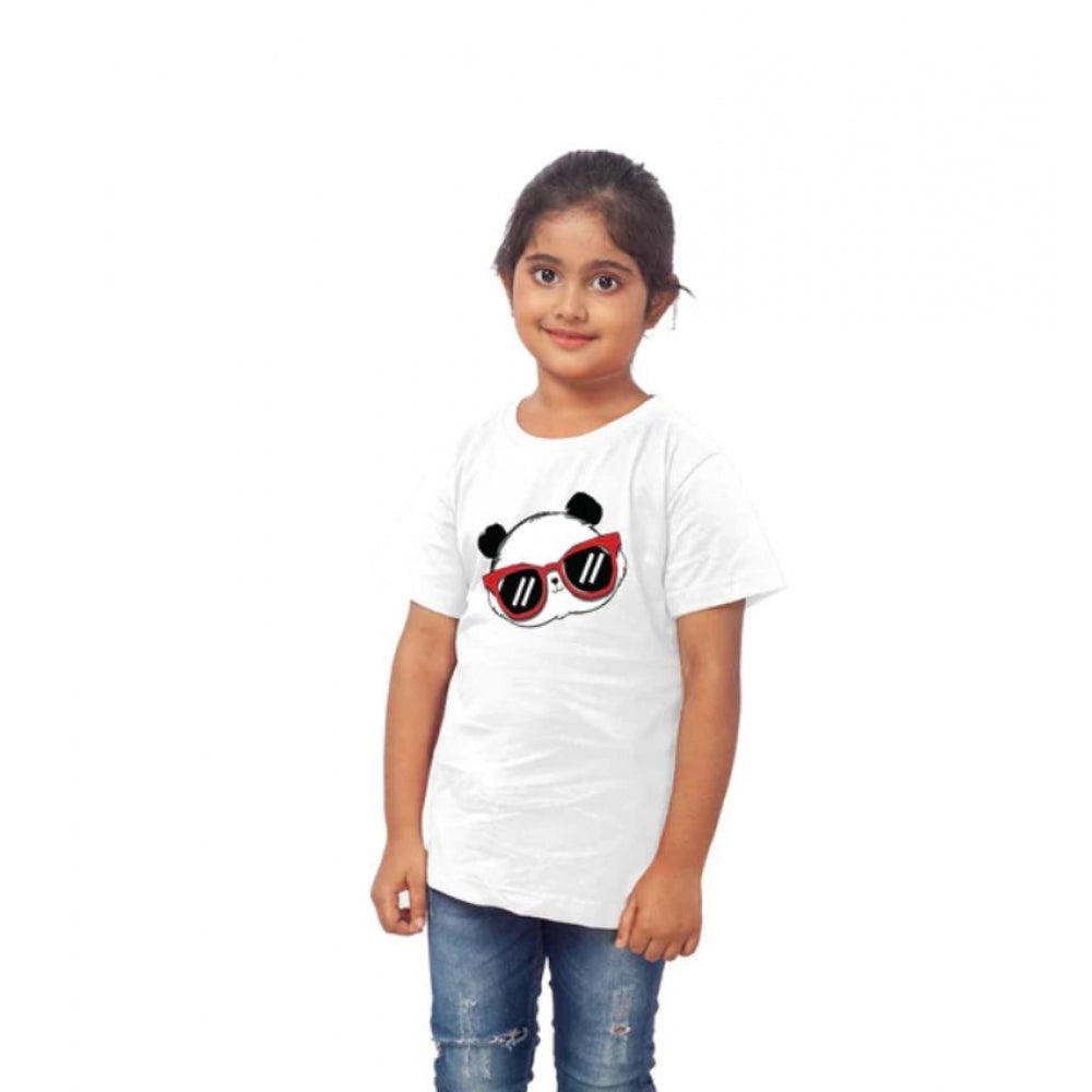 Girls Cotton Panda Glass Half Sleeve Tshirt — White