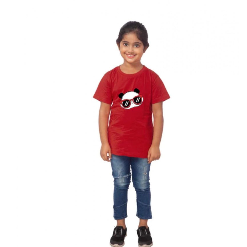 Girls Cotton Panda Glass Half Sleeve Tshirt — Maroon