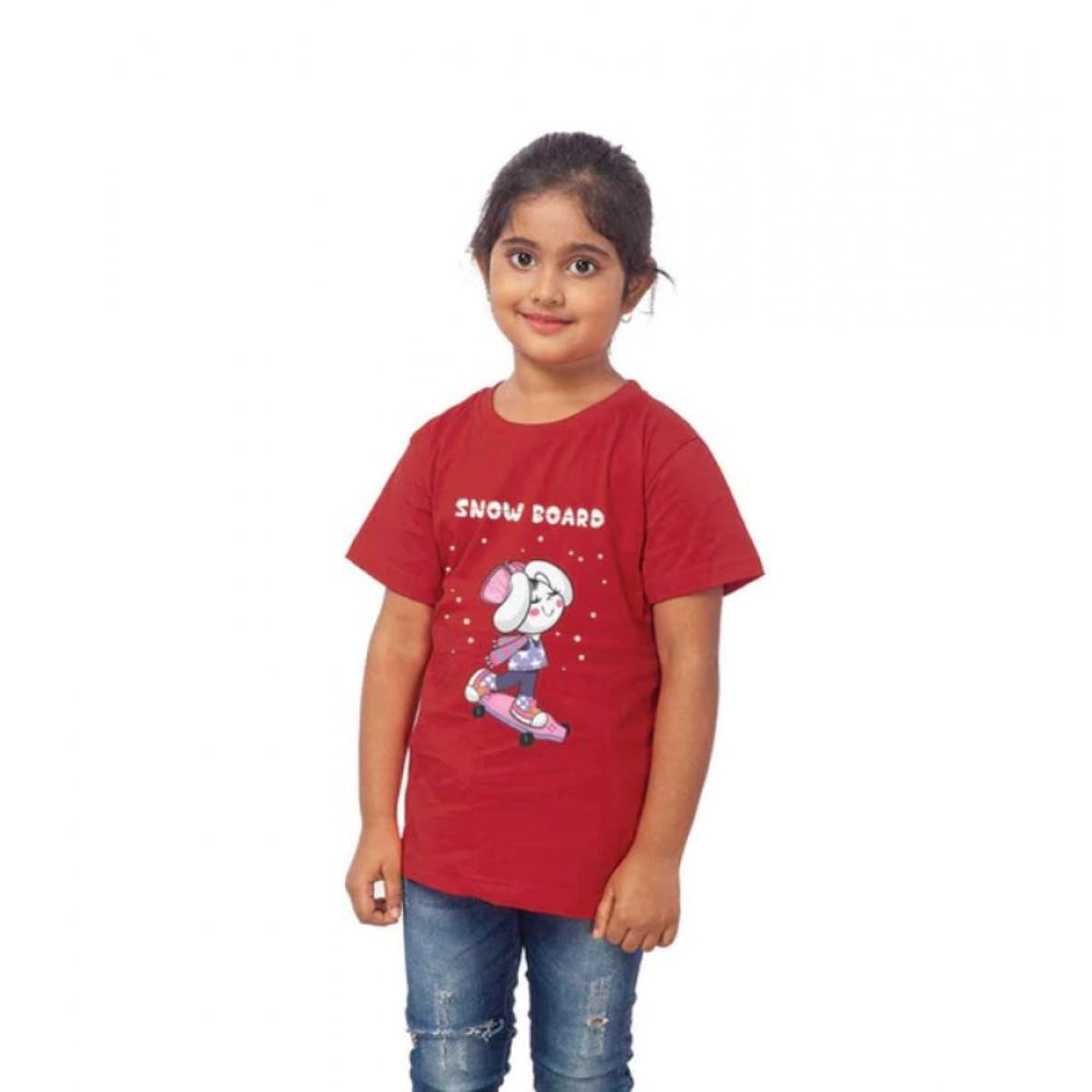 Girls Cotton Snow Board Half Sleeve Tshirt — Maroon